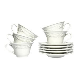 Homer Laughlin “Vintage (Grape)” 5 White Ceramic Teacups 2 1/2” 6oz & Saucers